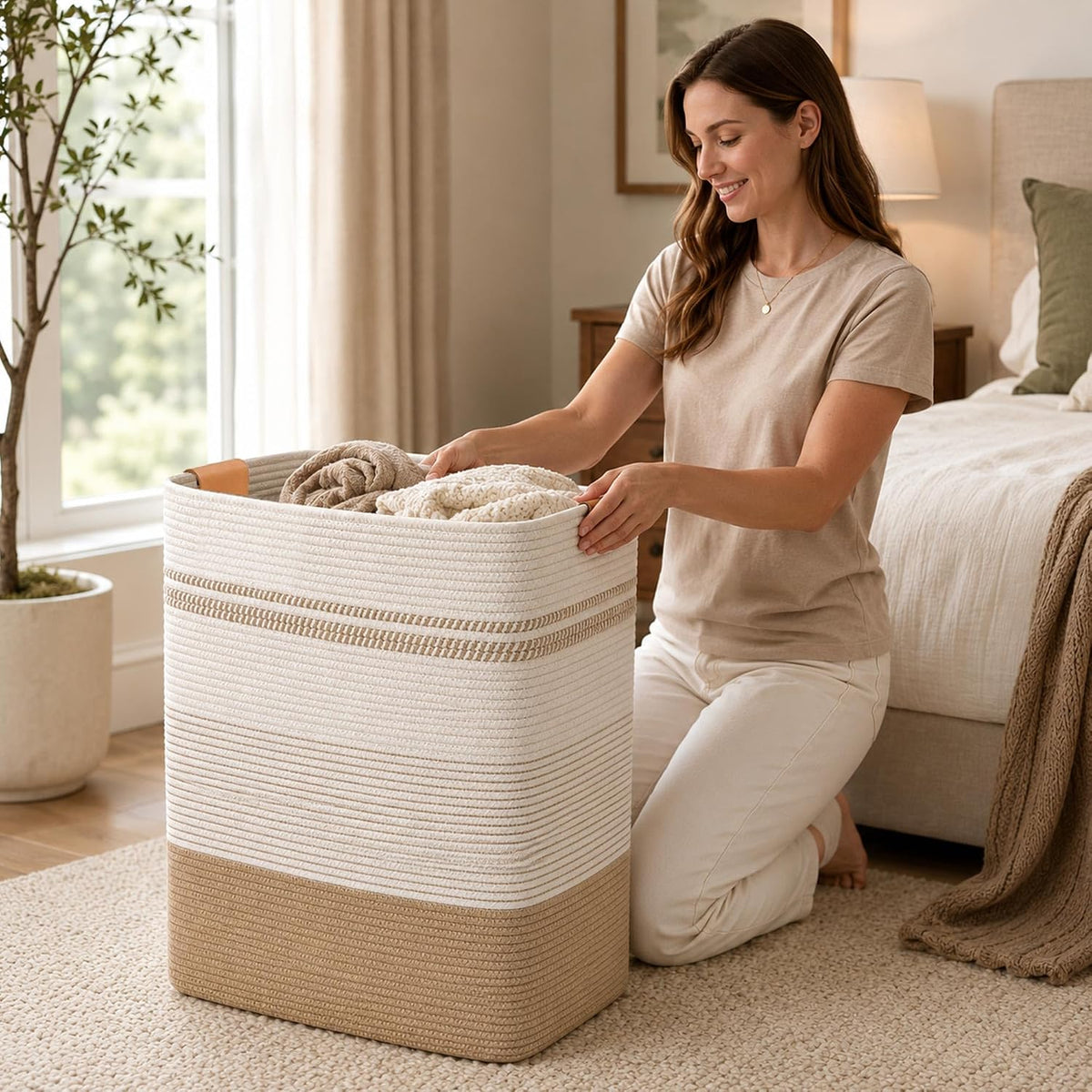 Laundry Hamper, Cotton Rope Laundry Basket with Leather Handles, 21.1-Gallon/80 L Large Clothes Hampers for Laundry, Woven Laundry Baskets for Blankets, Clothing, Bedroom, Living Room, Nursery