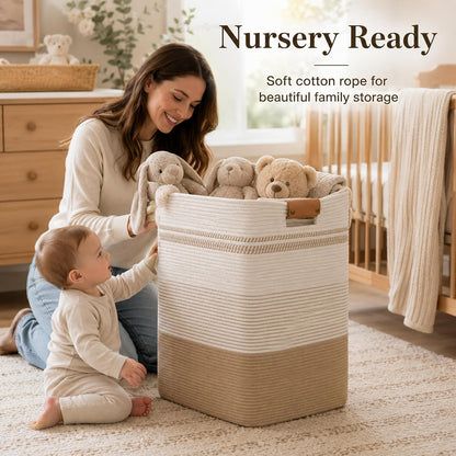 Laundry Hamper, Cotton Rope Laundry Basket with Leather Handles, 21.1-Gallon/80 L Large Clothes Hampers for Laundry, Woven Laundry Baskets for Blankets, Clothing, Bedroom, Living Room, Nursery