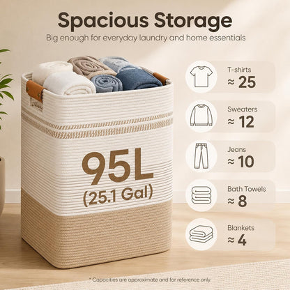 Laundry Hamper, Cotton Rope Laundry Basket with Leather Handles, 21.1-Gallon/80 L Large Clothes Hampers for Laundry, Woven Laundry Baskets for Blankets, Clothing, Bedroom, Living Room, Nursery