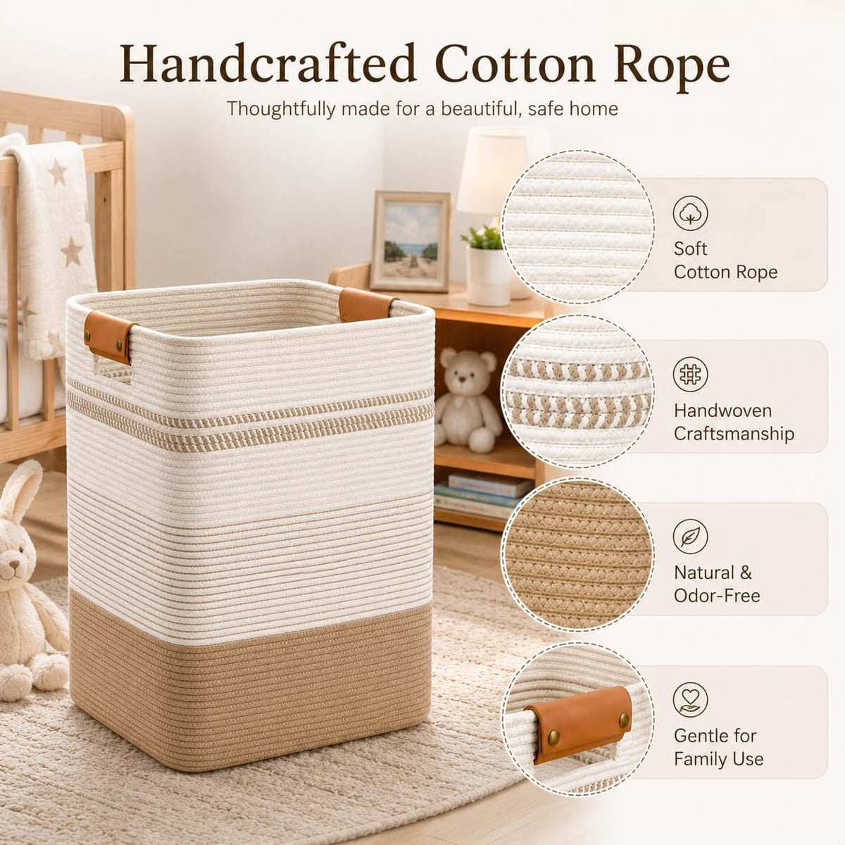 Laundry Hamper, Cotton Rope Laundry Basket with Leather Handles, 21.1-Gallon/80 L Large Clothes Hampers for Laundry, Woven Laundry Baskets for Blankets, Clothing, Bedroom, Living Room, Nursery