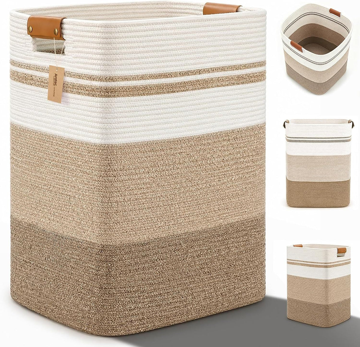 Laundry Hamper, Cotton Rope Laundry Basket with Leather Handles, 21.1-Gallon/80 L Large Clothes Hampers for Laundry, Woven Laundry Baskets for Blankets, Clothing, Bedroom, Living Room, Nursery