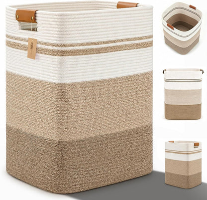 Laundry Hamper, Cotton Rope Laundry Basket with Leather Handles, 21.1-Gallon/80 L Large Clothes Hampers for Laundry, Woven Laundry Baskets for Blankets, Clothing, Bedroom, Living Room, Nursery