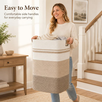 Laundry Hamper, Cotton Rope Laundry Basket with Leather Handles, 21.1-Gallon/80 L Large Clothes Hampers for Laundry, Woven Laundry Baskets for Blankets, Clothing, Bedroom, Living Room, Nursery