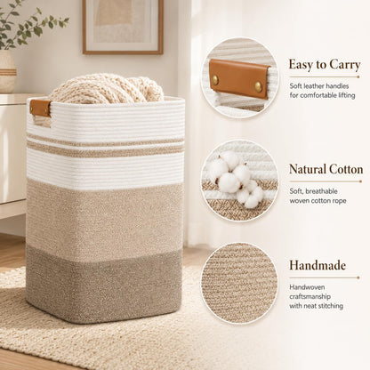 Laundry Hamper, Cotton Rope Laundry Basket with Leather Handles, 21.1-Gallon/80 L Large Clothes Hampers for Laundry, Woven Laundry Baskets for Blankets, Clothing, Bedroom, Living Room, Nursery