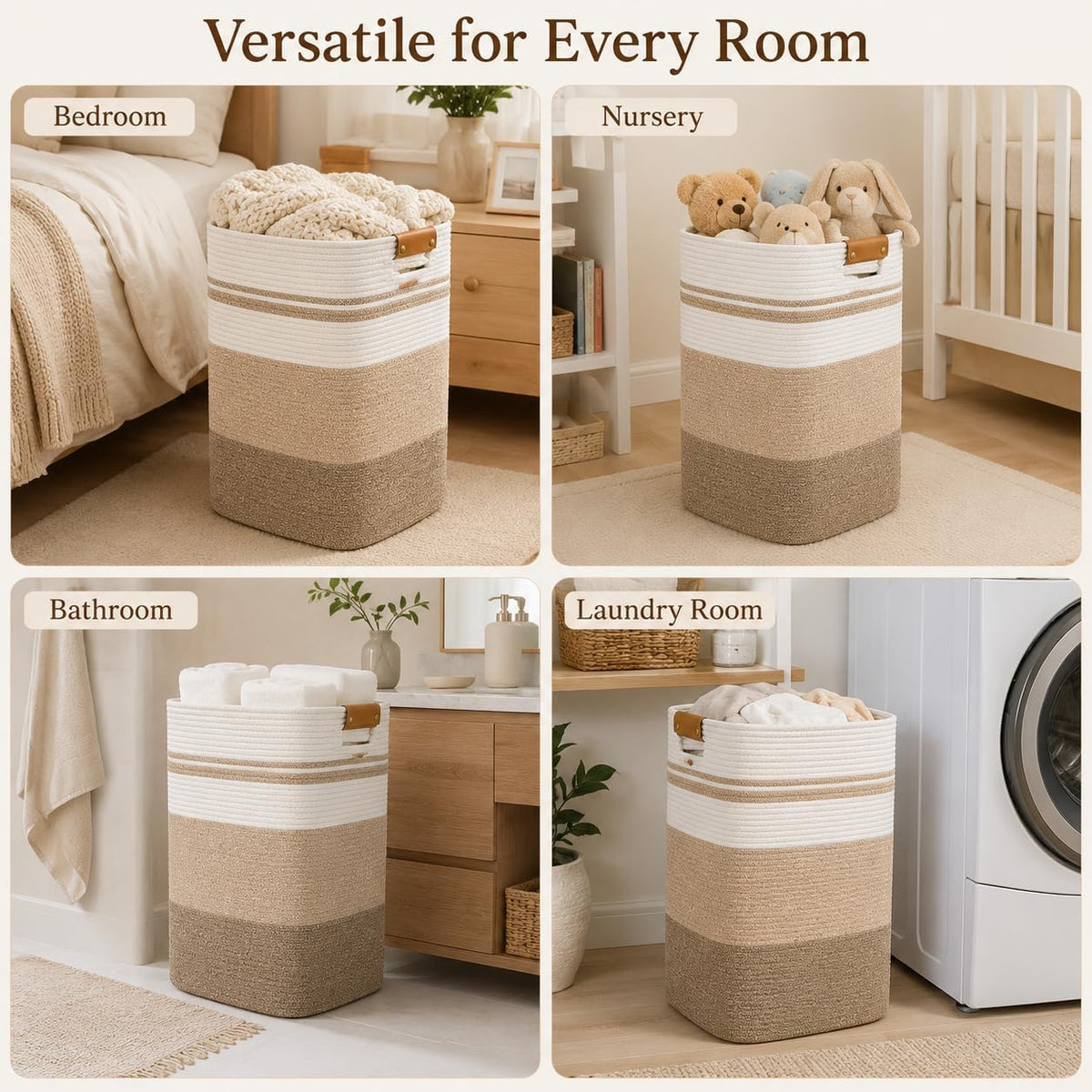 Laundry Hamper, Cotton Rope Laundry Basket with Leather Handles, 21.1-Gallon/80 L Large Clothes Hampers for Laundry, Woven Laundry Baskets for Blankets, Clothing, Bedroom, Living Room, Nursery