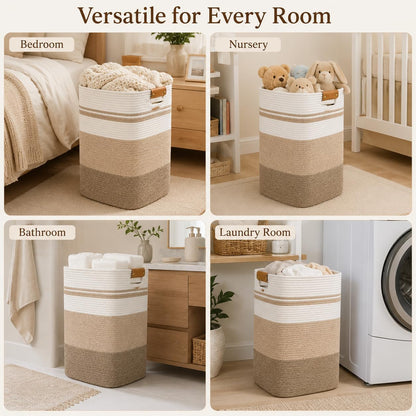 Laundry Hamper, Cotton Rope Laundry Basket with Leather Handles, 21.1-Gallon/80 L Large Clothes Hampers for Laundry, Woven Laundry Baskets for Blankets, Clothing, Bedroom, Living Room, Nursery