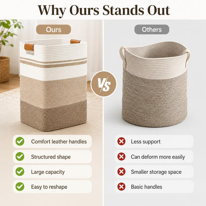 Laundry Hamper, Cotton Rope Laundry Basket with Leather Handles, 21.1-Gallon/80 L Large Clothes Hampers for Laundry, Woven Laundry Baskets for Blankets, Clothing, Bedroom, Living Room, Nursery