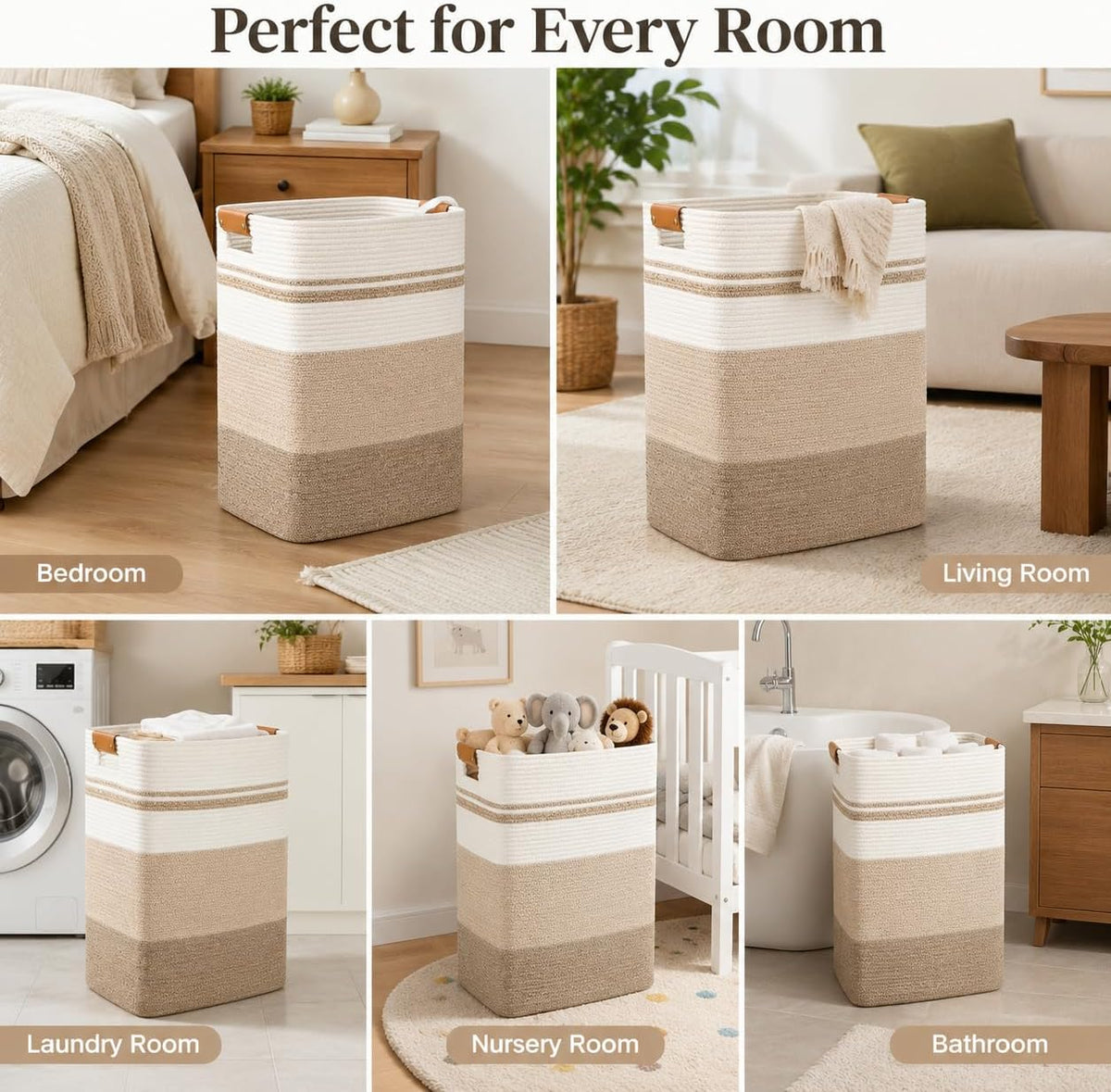 Laundry Hamper, Cotton Rope Laundry Basket with Leather Handles, 21.1-Gallon/80 L Large Clothes Hampers for Laundry, Woven Laundry Baskets for Blankets, Clothing, Bedroom, Living Room, Nursery