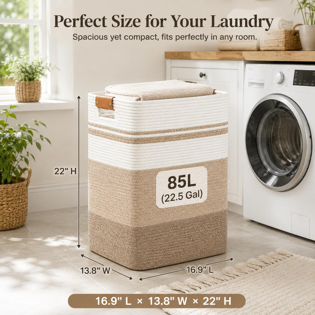 Laundry Hamper, Cotton Rope Laundry Basket with Leather Handles, 21.1-Gallon/80 L Large Clothes Hampers for Laundry, Woven Laundry Baskets for Blankets, Clothing, Bedroom, Living Room, Nursery