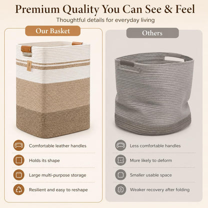 Laundry Hamper, Cotton Rope Laundry Basket with Leather Handles, 21.1-Gallon/80 L Large Clothes Hampers for Laundry, Woven Laundry Baskets for Blankets, Clothing, Bedroom, Living Room, Nursery
