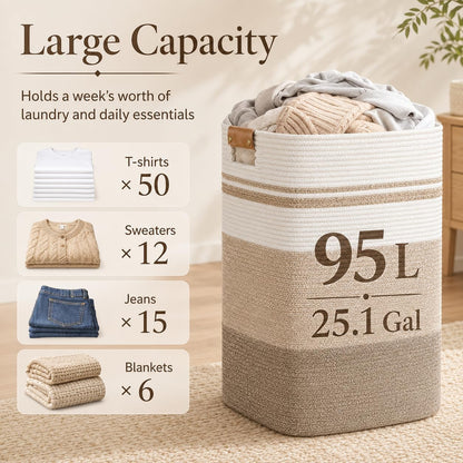 Laundry Hamper, Cotton Rope Laundry Basket with Leather Handles, 21.1-Gallon/80 L Large Clothes Hampers for Laundry, Woven Laundry Baskets for Blankets, Clothing, Bedroom, Living Room, Nursery