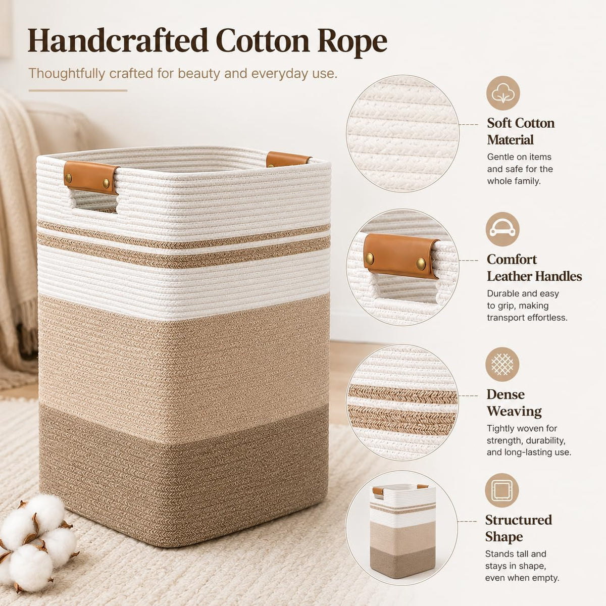 Laundry Hamper, Cotton Rope Laundry Basket with Leather Handles, 21.1-Gallon/80 L Large Clothes Hampers for Laundry, Woven Laundry Baskets for Blankets, Clothing, Bedroom, Living Room, Nursery