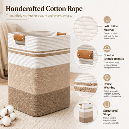Laundry Hamper, Cotton Rope Laundry Basket with Leather Handles, 21.1-Gallon/80 L Large Clothes Hampers for Laundry, Woven Laundry Baskets for Blankets, Clothing, Bedroom, Living Room, Nursery