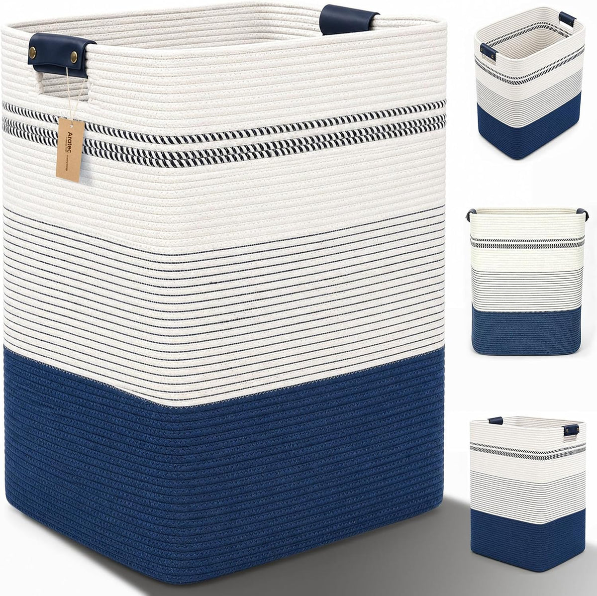 Laundry Hamper, Cotton Rope Laundry Basket with Leather Handles, 21.1-Gallon/80 L Large Clothes Hampers for Laundry, Woven Laundry Baskets for Blankets, Clothing, Bedroom, Living Room, Nursery