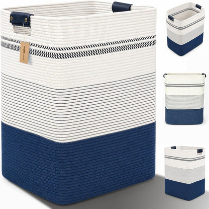 Laundry Hamper, Cotton Rope Laundry Basket with Leather Handles, 21.1-Gallon/80 L Large Clothes Hampers for Laundry, Woven Laundry Baskets for Blankets, Clothing, Bedroom, Living Room, Nursery