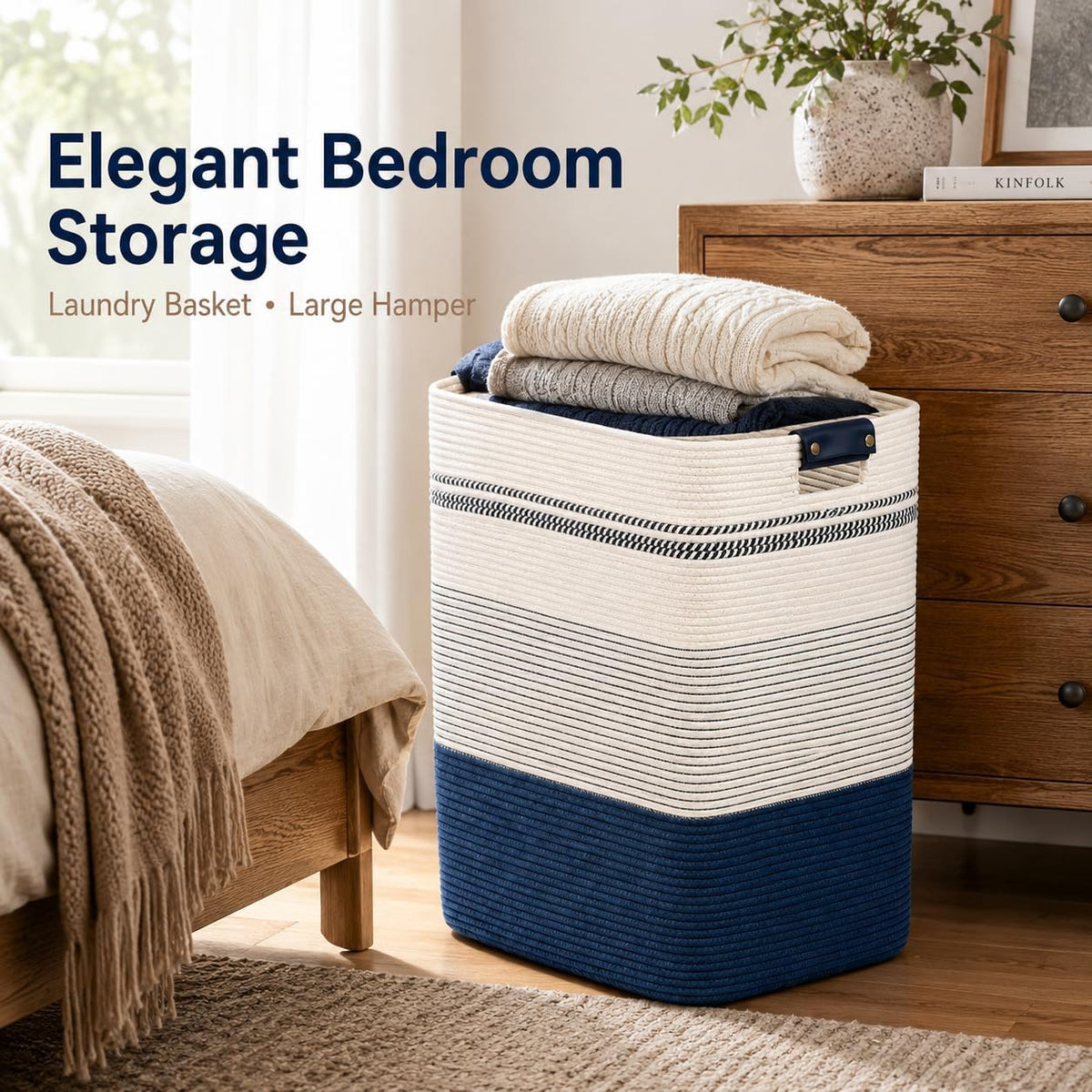 Laundry Hamper, Cotton Rope Laundry Basket with Leather Handles, 21.1-Gallon/80 L Large Clothes Hampers for Laundry, Woven Laundry Baskets for Blankets, Clothing, Bedroom, Living Room, Nursery