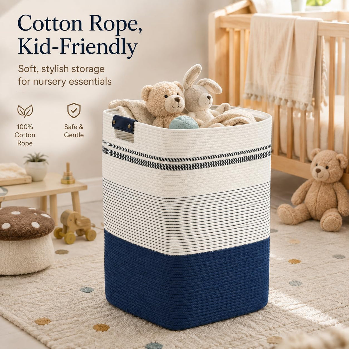 Laundry Hamper, Cotton Rope Laundry Basket with Leather Handles, 21.1-Gallon/80 L Large Clothes Hampers for Laundry, Woven Laundry Baskets for Blankets, Clothing, Bedroom, Living Room, Nursery