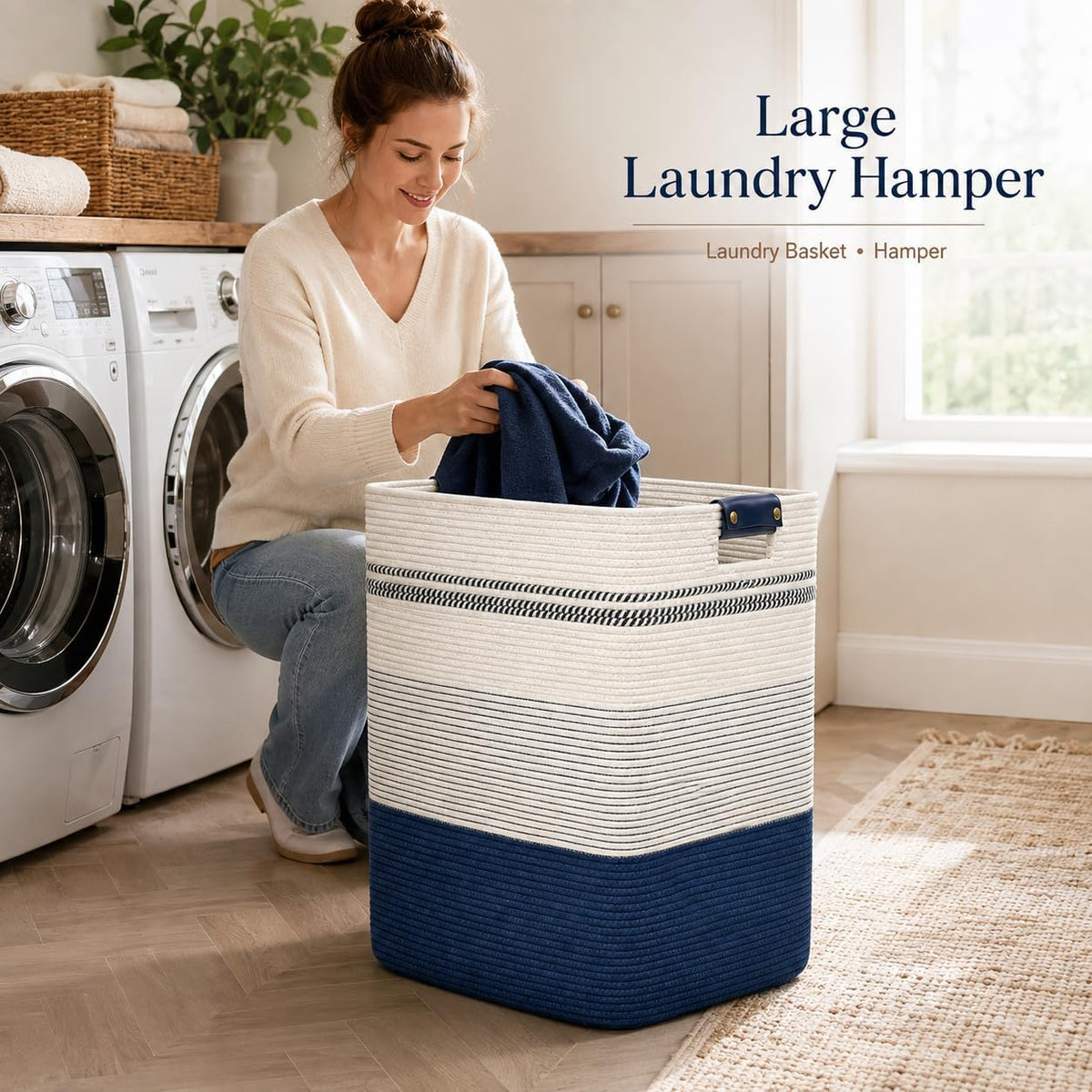 Laundry Hamper, Cotton Rope Laundry Basket with Leather Handles, 21.1-Gallon/80 L Large Clothes Hampers for Laundry, Woven Laundry Baskets for Blankets, Clothing, Bedroom, Living Room, Nursery