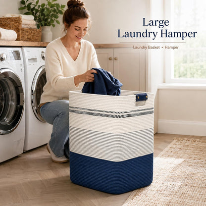 Laundry Hamper, Cotton Rope Laundry Basket with Leather Handles, 21.1-Gallon/80 L Large Clothes Hampers for Laundry, Woven Laundry Baskets for Blankets, Clothing, Bedroom, Living Room, Nursery