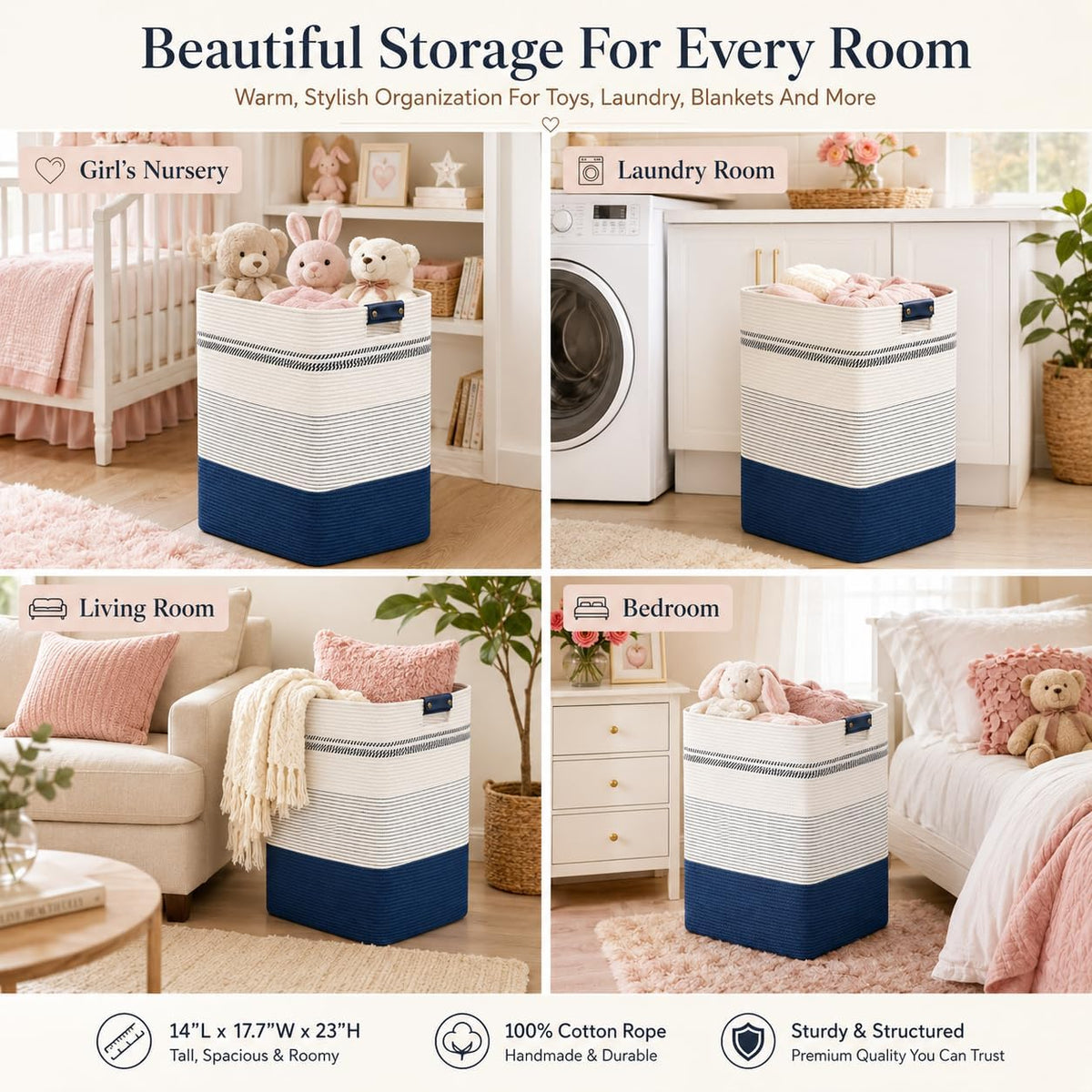 Laundry Hamper, Cotton Rope Laundry Basket with Leather Handles, 21.1-Gallon/80 L Large Clothes Hampers for Laundry, Woven Laundry Baskets for Blankets, Clothing, Bedroom, Living Room, Nursery