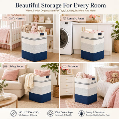 Laundry Hamper, Cotton Rope Laundry Basket with Leather Handles, 21.1-Gallon/80 L Large Clothes Hampers for Laundry, Woven Laundry Baskets for Blankets, Clothing, Bedroom, Living Room, Nursery