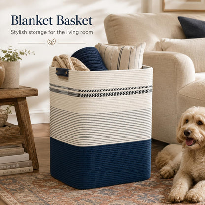 Laundry Hamper, Cotton Rope Laundry Basket with Leather Handles, 21.1-Gallon/80 L Large Clothes Hampers for Laundry, Woven Laundry Baskets for Blankets, Clothing, Bedroom, Living Room, Nursery