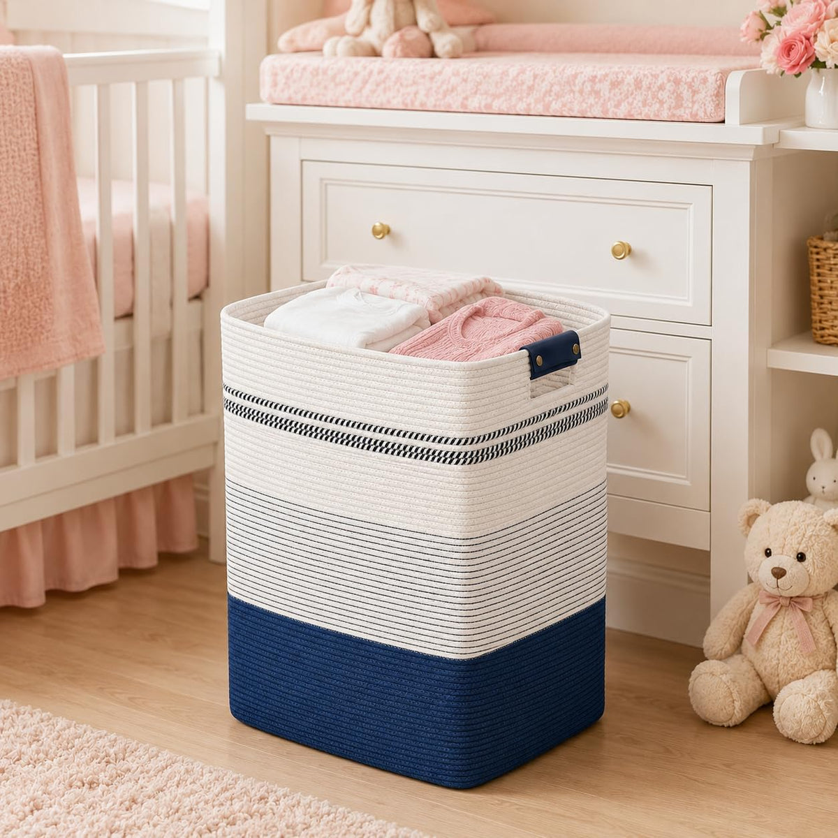 Laundry Hamper, Cotton Rope Laundry Basket with Leather Handles, 21.1-Gallon/80 L Large Clothes Hampers for Laundry, Woven Laundry Baskets for Blankets, Clothing, Bedroom, Living Room, Nursery