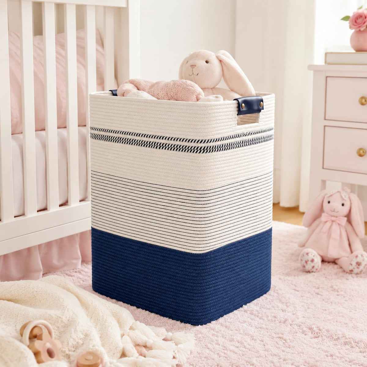 Laundry Hamper, Cotton Rope Laundry Basket with Leather Handles, 21.1-Gallon/80 L Large Clothes Hampers for Laundry, Woven Laundry Baskets for Blankets, Clothing, Bedroom, Living Room, Nursery