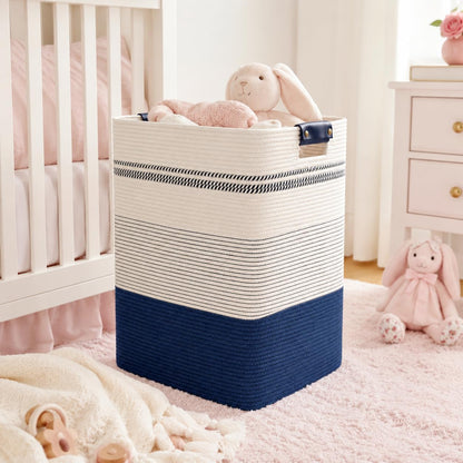 Laundry Hamper, Cotton Rope Laundry Basket with Leather Handles, 21.1-Gallon/80 L Large Clothes Hampers for Laundry, Woven Laundry Baskets for Blankets, Clothing, Bedroom, Living Room, Nursery