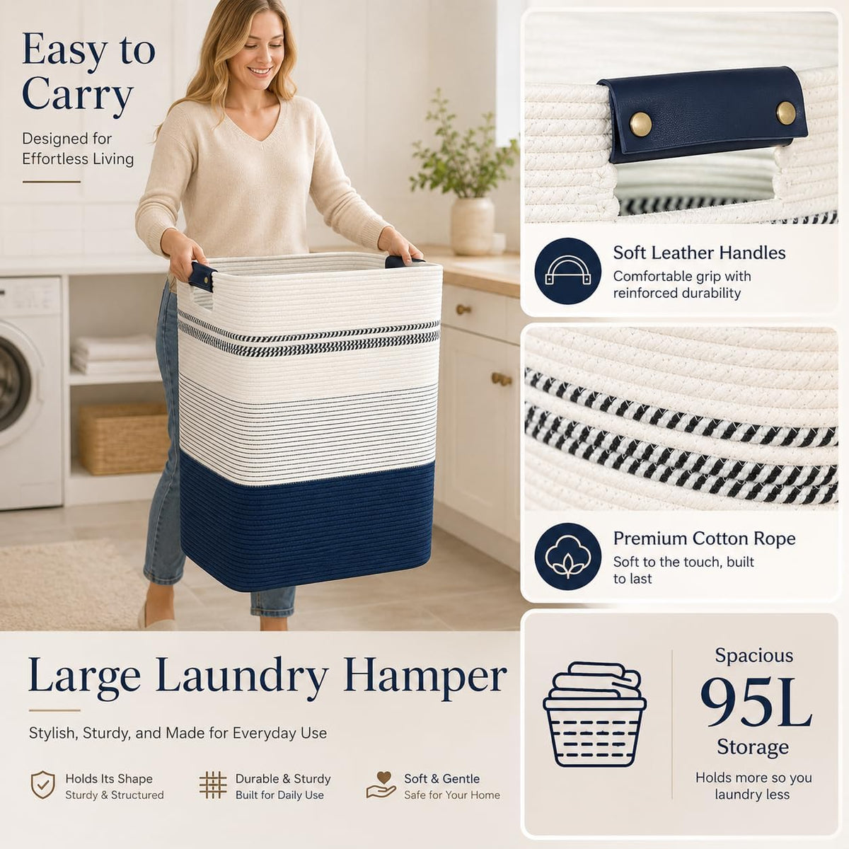 Laundry Hamper, Cotton Rope Laundry Basket with Leather Handles, 21.1-Gallon/80 L Large Clothes Hampers for Laundry, Woven Laundry Baskets for Blankets, Clothing, Bedroom, Living Room, Nursery