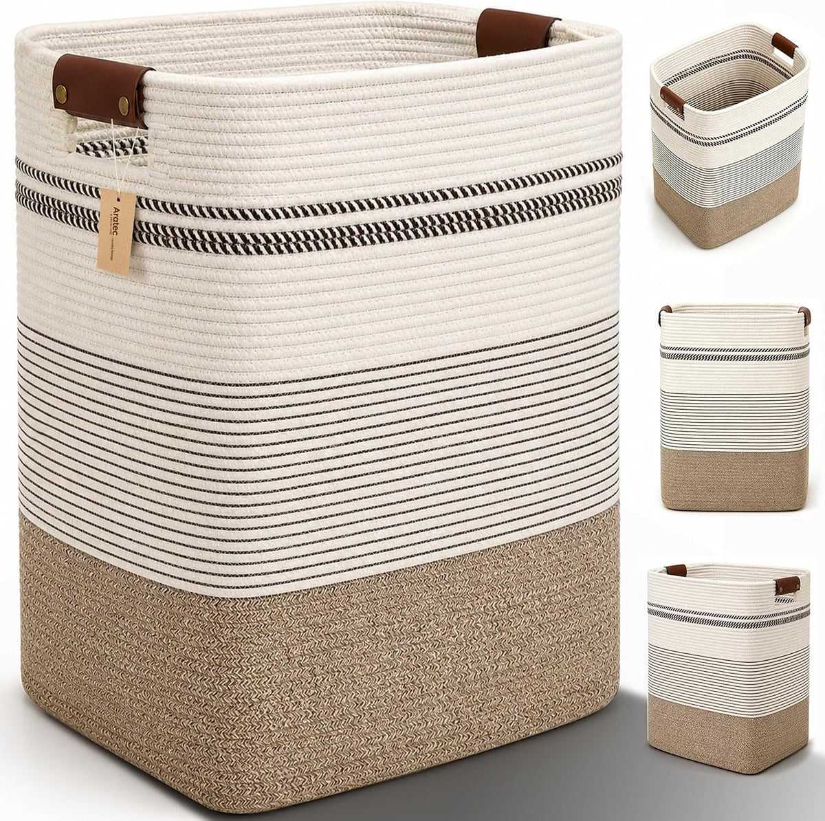 Laundry Hamper, Cotton Rope Laundry Basket with Leather Handles, 21.1-Gallon/80 L Large Clothes Hampers for Laundry, Woven Laundry Baskets for Blankets, Clothing, Bedroom, Living Room, Nursery