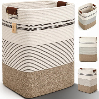 Laundry Hamper, Cotton Rope Laundry Basket with Leather Handles, 21.1-Gallon/80 L Large Clothes Hampers for Laundry, Woven Laundry Baskets for Blankets, Clothing, Bedroom, Living Room, Nursery