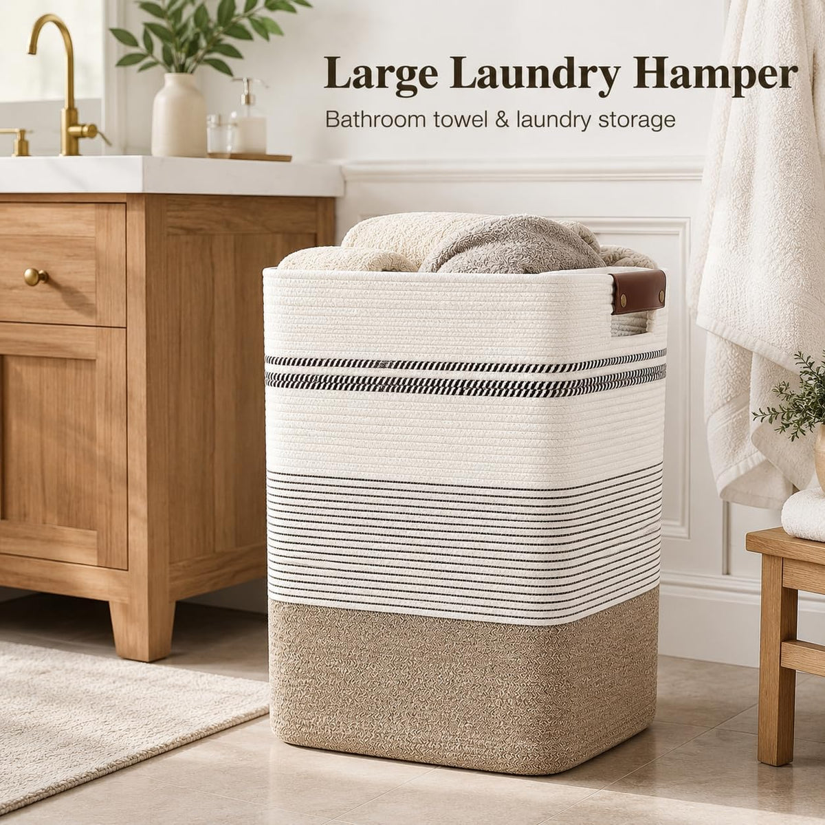 Laundry Hamper, Cotton Rope Laundry Basket with Leather Handles, 21.1-Gallon/80 L Large Clothes Hampers for Laundry, Woven Laundry Baskets for Blankets, Clothing, Bedroom, Living Room, Nursery