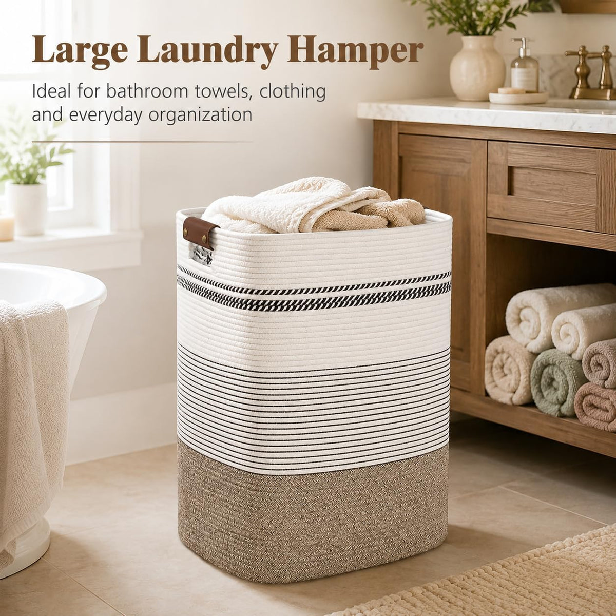 Laundry Hamper, Cotton Rope Laundry Basket with Leather Handles, 21.1-Gallon/80 L Large Clothes Hampers for Laundry, Woven Laundry Baskets for Blankets, Clothing, Bedroom, Living Room, Nursery