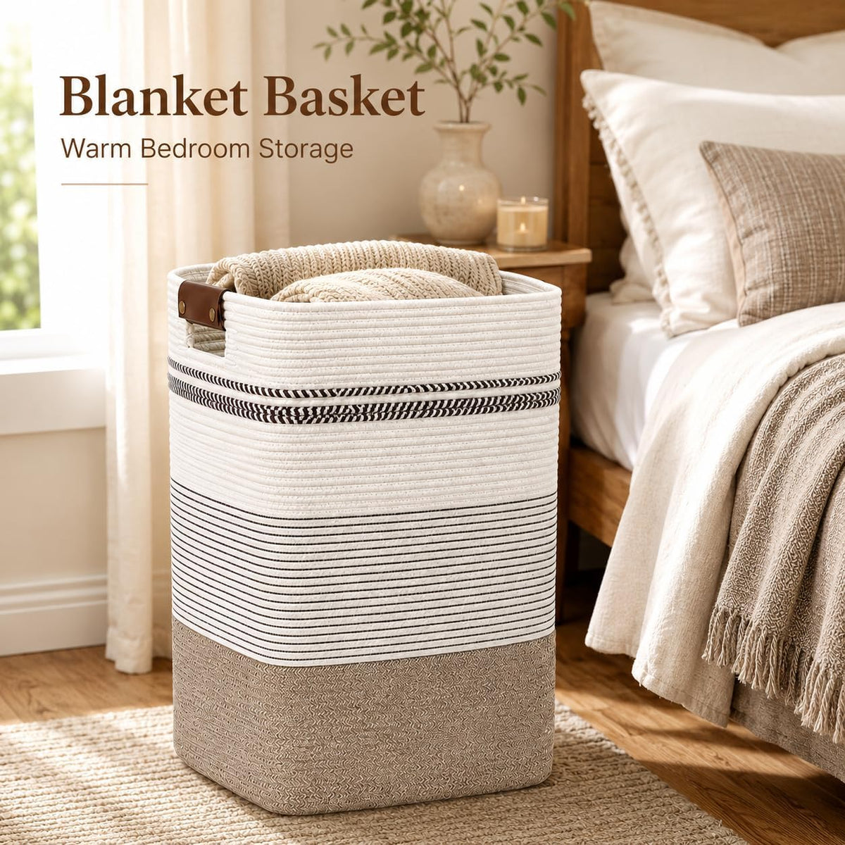 Laundry Hamper, Cotton Rope Laundry Basket with Leather Handles, 21.1-Gallon/80 L Large Clothes Hampers for Laundry, Woven Laundry Baskets for Blankets, Clothing, Bedroom, Living Room, Nursery