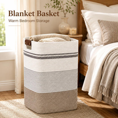 Laundry Hamper, Cotton Rope Laundry Basket with Leather Handles, 21.1-Gallon/80 L Large Clothes Hampers for Laundry, Woven Laundry Baskets for Blankets, Clothing, Bedroom, Living Room, Nursery