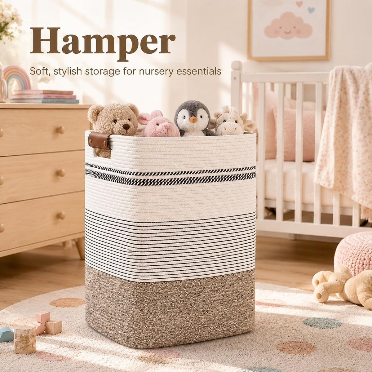 Laundry Hamper, Cotton Rope Laundry Basket with Leather Handles, 21.1-Gallon/80 L Large Clothes Hampers for Laundry, Woven Laundry Baskets for Blankets, Clothing, Bedroom, Living Room, Nursery