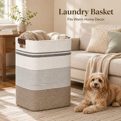 Laundry Hamper, Cotton Rope Laundry Basket with Leather Handles, 21.1-Gallon/80 L Large Clothes Hampers for Laundry, Woven Laundry Baskets for Blankets, Clothing, Bedroom, Living Room, Nursery