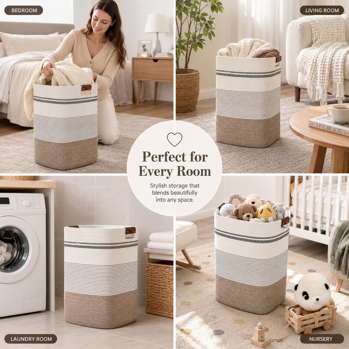 Laundry Hamper, Cotton Rope Laundry Basket with Leather Handles, 21.1-Gallon/80 L Large Clothes Hampers for Laundry, Woven Laundry Baskets for Blankets, Clothing, Bedroom, Living Room, Nursery