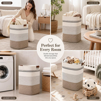 Laundry Hamper, Cotton Rope Laundry Basket with Leather Handles, 21.1-Gallon/80 L Large Clothes Hampers for Laundry, Woven Laundry Baskets for Blankets, Clothing, Bedroom, Living Room, Nursery