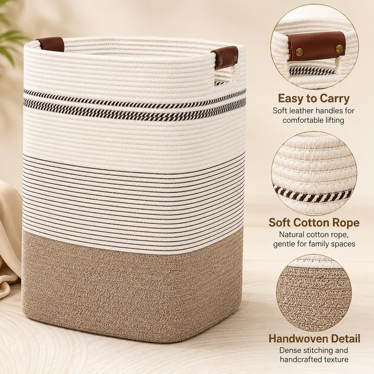 Laundry Hamper, Cotton Rope Laundry Basket with Leather Handles, 21.1-Gallon/80 L Large Clothes Hampers for Laundry, Woven Laundry Baskets for Blankets, Clothing, Bedroom, Living Room, Nursery