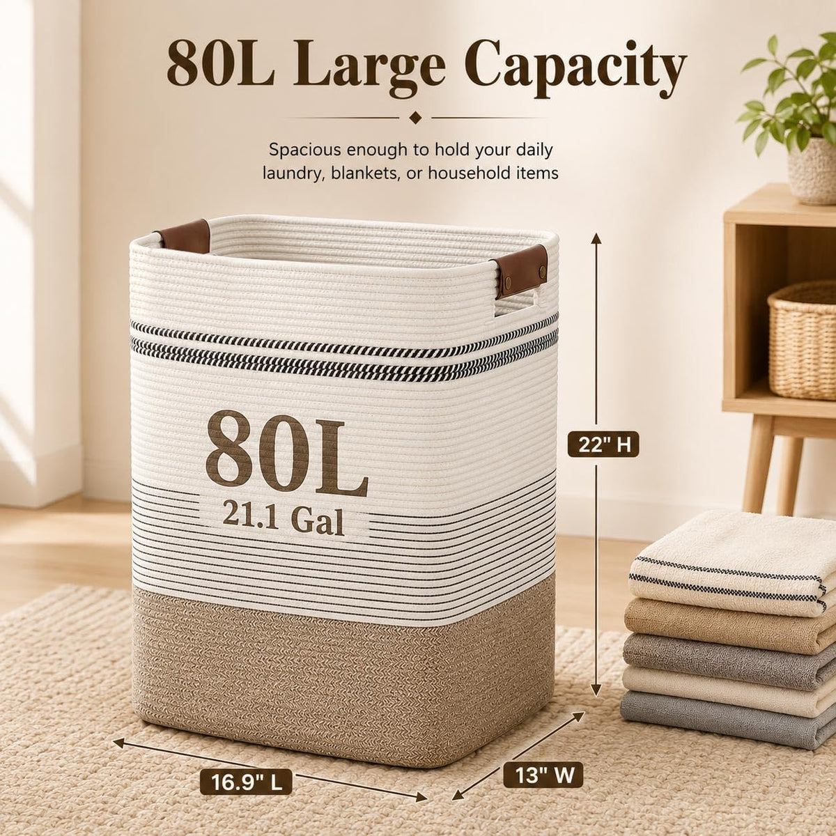 Laundry Hamper, Cotton Rope Laundry Basket with Leather Handles, 21.1-Gallon/80 L Large Clothes Hampers for Laundry, Woven Laundry Baskets for Blankets, Clothing, Bedroom, Living Room, Nursery