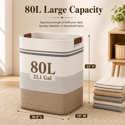 Laundry Hamper, Cotton Rope Laundry Basket with Leather Handles, 21.1-Gallon/80 L Large Clothes Hampers for Laundry, Woven Laundry Baskets for Blankets, Clothing, Bedroom, Living Room, Nursery
