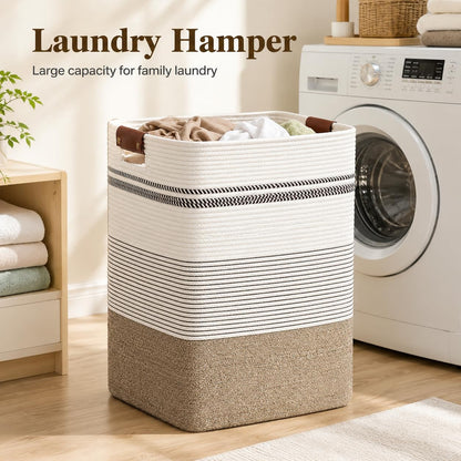 Laundry Hamper, Cotton Rope Laundry Basket with Leather Handles, 21.1-Gallon/80 L Large Clothes Hampers for Laundry, Woven Laundry Baskets for Blankets, Clothing, Bedroom, Living Room, Nursery