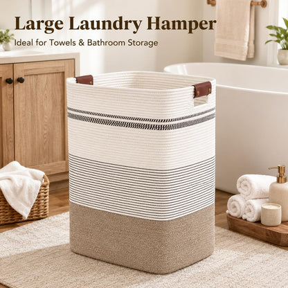 Laundry Hamper, Cotton Rope Laundry Basket with Leather Handles, 21.1-Gallon/80 L Large Clothes Hampers for Laundry, Woven Laundry Baskets for Blankets, Clothing, Bedroom, Living Room, Nursery