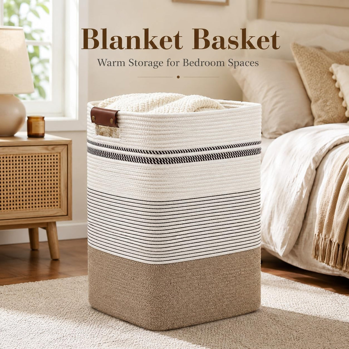 Laundry Hamper, Cotton Rope Laundry Basket with Leather Handles, 21.1-Gallon/80 L Large Clothes Hampers for Laundry, Woven Laundry Baskets for Blankets, Clothing, Bedroom, Living Room, Nursery
