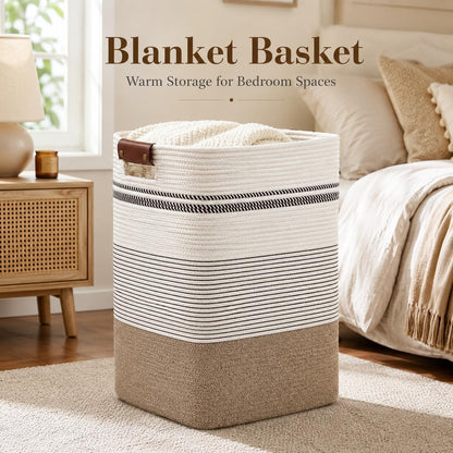 Laundry Hamper, Cotton Rope Laundry Basket with Leather Handles, 21.1-Gallon/80 L Large Clothes Hampers for Laundry, Woven Laundry Baskets for Blankets, Clothing, Bedroom, Living Room, Nursery