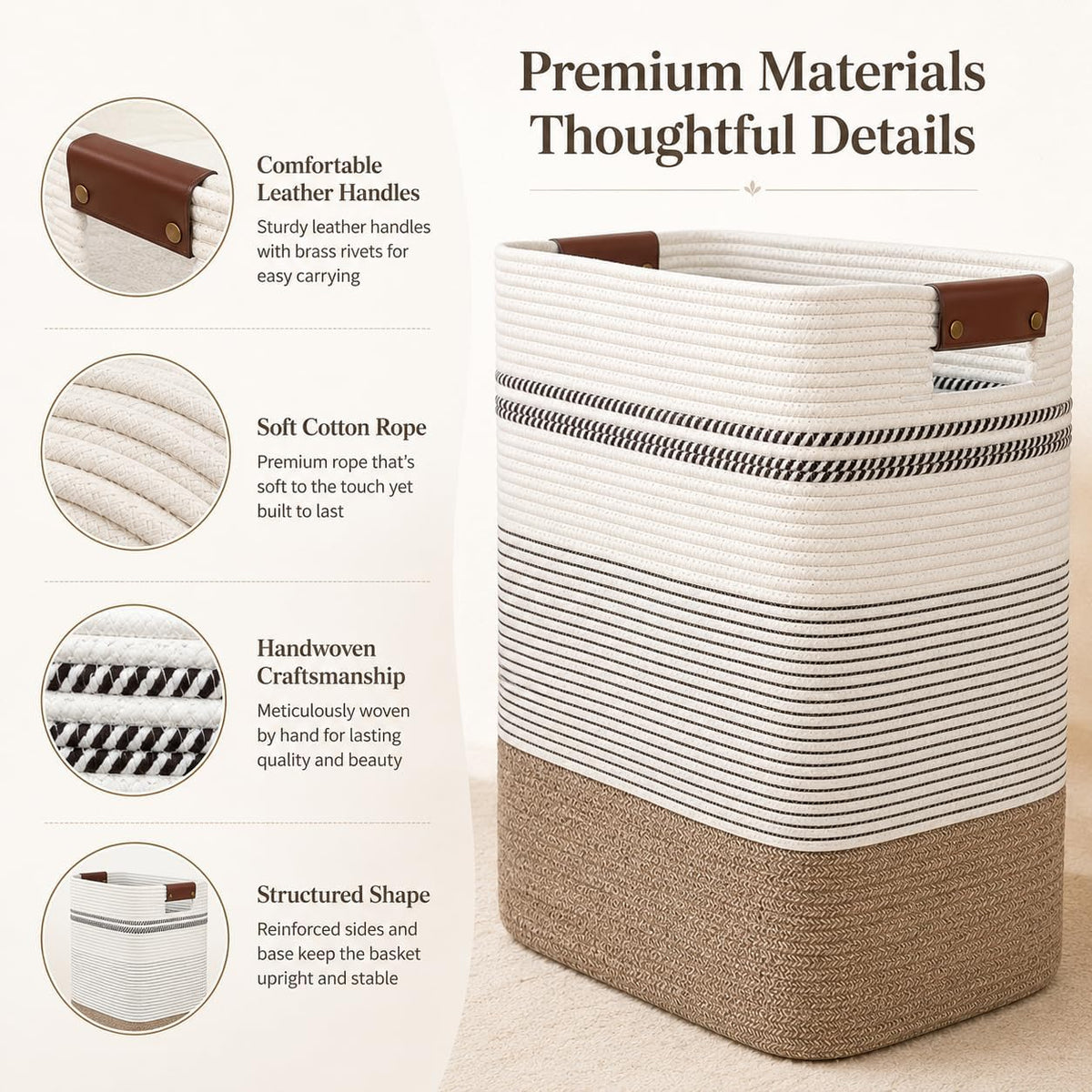 Laundry Hamper, Cotton Rope Laundry Basket with Leather Handles, 21.1-Gallon/80 L Large Clothes Hampers for Laundry, Woven Laundry Baskets for Blankets, Clothing, Bedroom, Living Room, Nursery