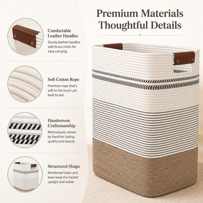 Laundry Hamper, Cotton Rope Laundry Basket with Leather Handles, 21.1-Gallon/80 L Large Clothes Hampers for Laundry, Woven Laundry Baskets for Blankets, Clothing, Bedroom, Living Room, Nursery