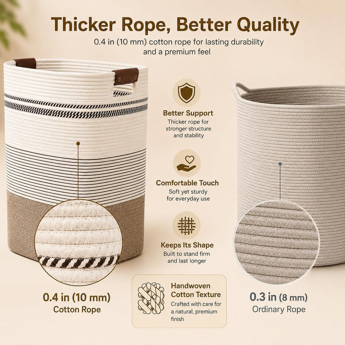 Laundry Hamper, Cotton Rope Laundry Basket with Leather Handles, 21.1-Gallon/80 L Large Clothes Hampers for Laundry, Woven Laundry Baskets for Blankets, Clothing, Bedroom, Living Room, Nursery